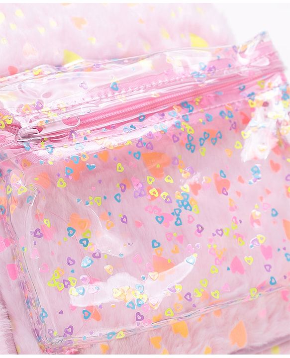 Babyhug Free Size Fashion Fur Backpack Hearts Print- Pink