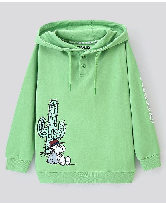 Pine Kids Full Cotton Knit Full Sleeves Snoopy Collection Hooded Bio-washed Sweatshirt - Opaline Green