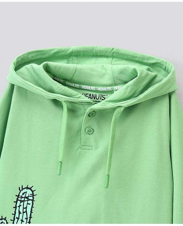 Pine Kids Full Cotton Knit Full Sleeves Snoopy Collection Hooded Bio-washed Sweatshirt - Opaline Green