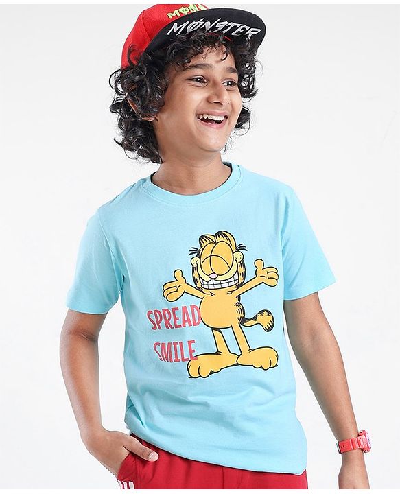Pine Kids Half Sleeves Garfield Collection Biowashed T-Shirt - Blue