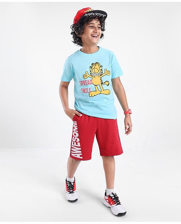 Pine Kids Half Sleeves Garfield Collection Biowashed T-Shirt - Blue