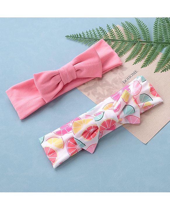Babyhug Free Size Headbands Floral Print with Bow Applique Pack of 2 - Pink & White