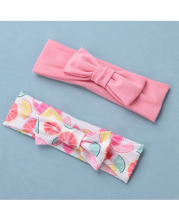 Babyhug Free Size Headbands Floral Print with Bow Applique Pack of 2 - Pink & White