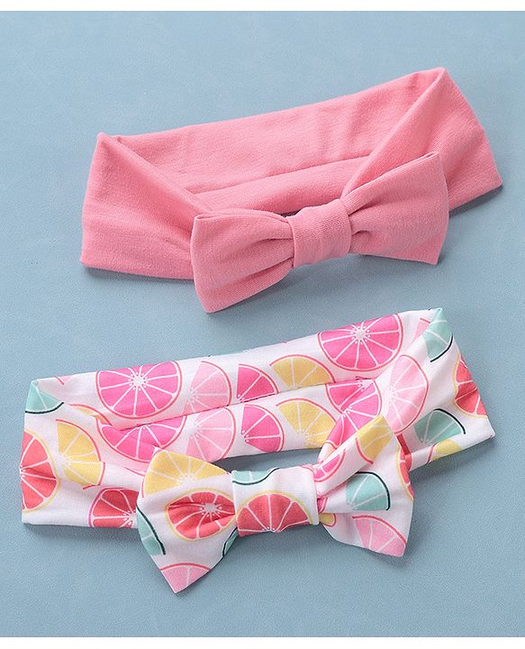 Babyhug Free Size Headbands Floral Print with Bow Applique Pack of 2 - Pink & White