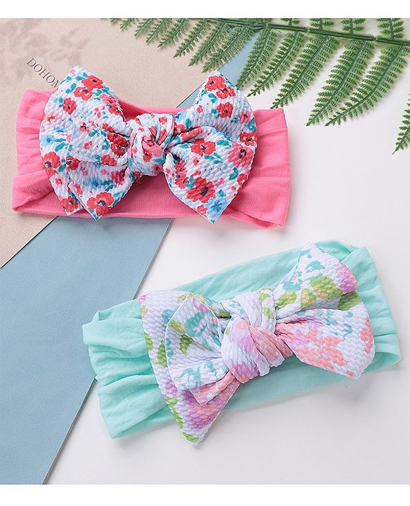 Babyhug Free Size Headbands with Bow Applique Floral Print Pack of 2 - Pink & Blue