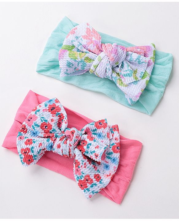 Babyhug Free Size Headbands with Bow Applique Floral Print Pack of 2 - Pink & Blue