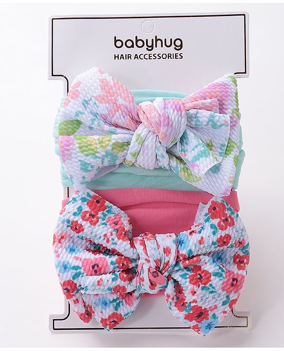 Babyhug Free Size Headbands with Bow Applique Floral Print Pack of 2 - Pink & Blue