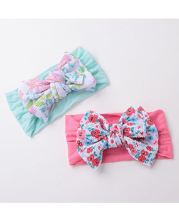 Babyhug Free Size Headbands with Bow Applique Floral Print Pack of 2 - Pink & Blue