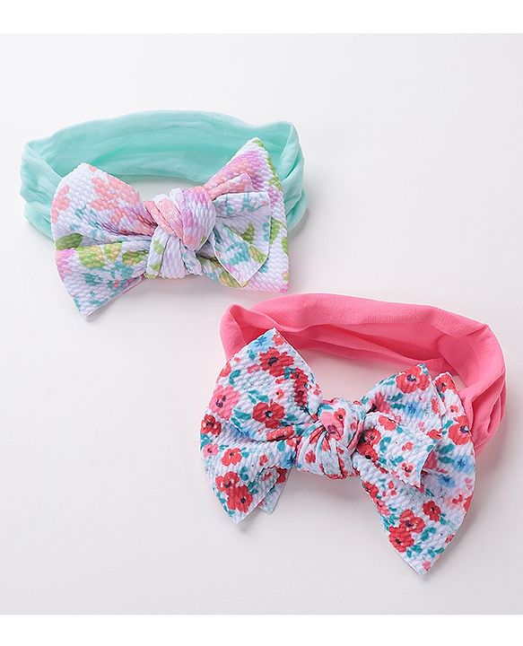 Babyhug Free Size Headbands with Bow Applique Floral Print Pack of 2 - Pink & Blue
