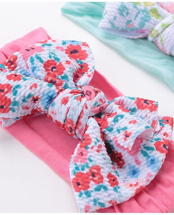 Babyhug Free Size Headbands with Bow Applique Floral Print Pack of 2 - Pink & Blue