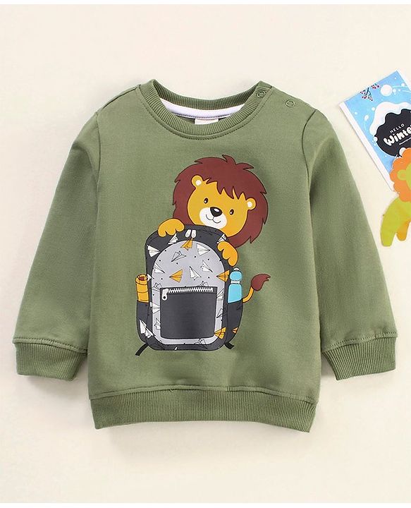 Babyhug Full Sleeves Cotton Looper Knit Winter Wear Tee Lion Print- Green
