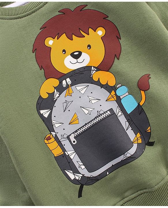 Babyhug Full Sleeves Cotton Looper Knit Winter Wear Tee Lion Print- Green