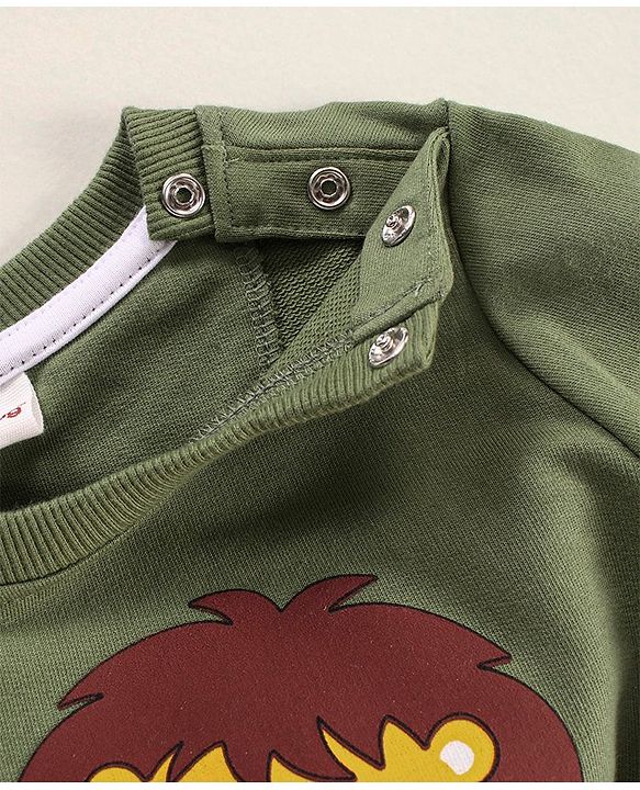 Babyhug Full Sleeves Cotton Looper Knit Winter Wear Tee Lion Print- Green