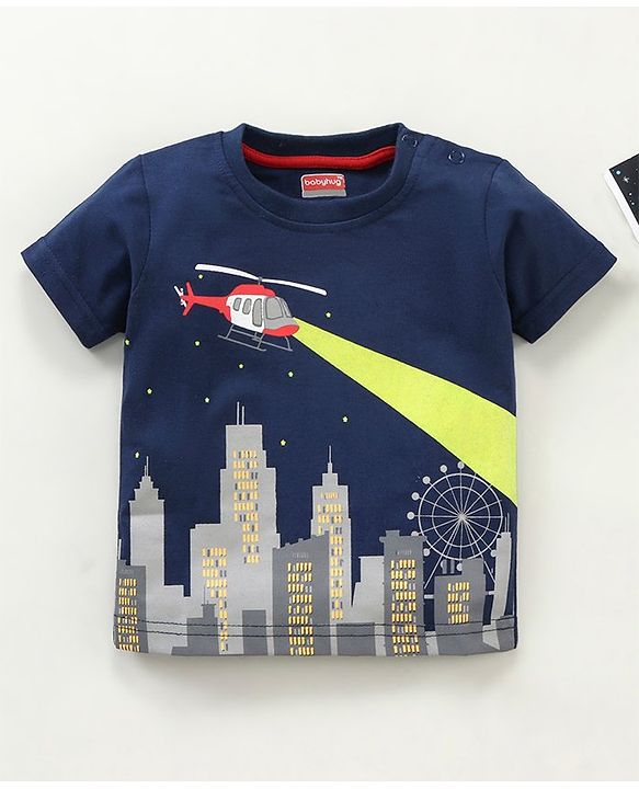 Babyhug Half Sleeves T-Shirt Building Print - Navy Blue