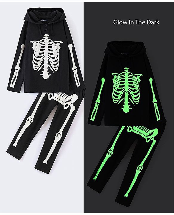 Pine Kids Full Sleeves 100% Cotton Halloween Skeleton Outfit Design Hooded Night Suit - Jet Black