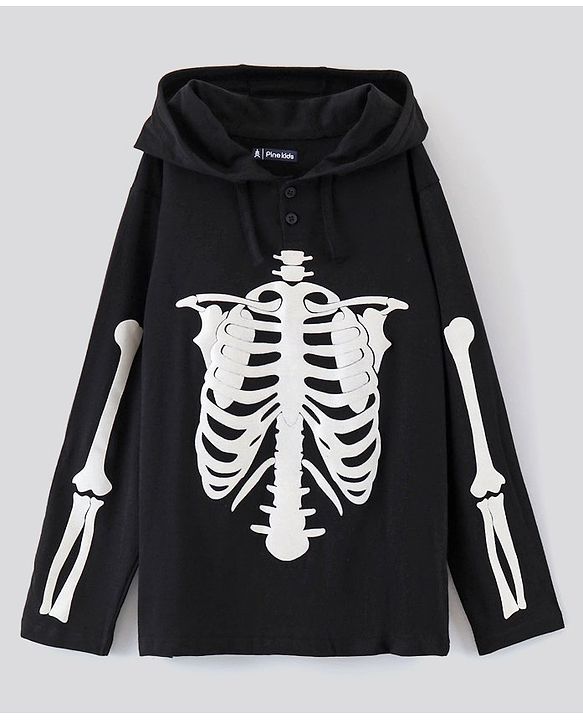 Pine Kids Full Sleeves 100% Cotton Halloween Skeleton Outfit Design Hooded Night Suit - Jet Black