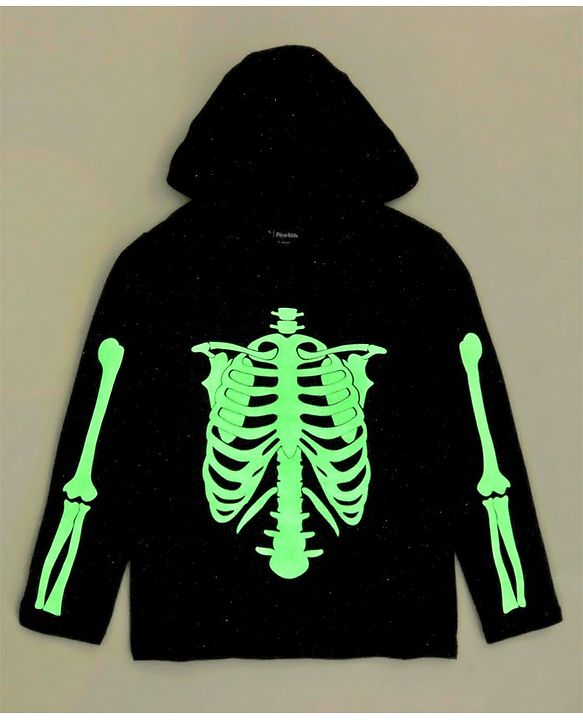 Pine Kids Full Sleeves 100% Cotton Halloween Skeleton Outfit Design Hooded Night Suit - Jet Black
