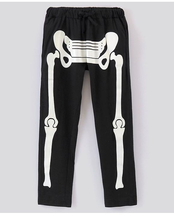 Pine Kids Full Sleeves 100% Cotton Halloween Skeleton Outfit Design Hooded Night Suit - Jet Black