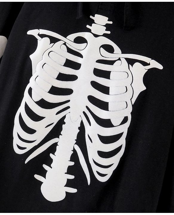 Pine Kids Full Sleeves 100% Cotton Halloween Skeleton Outfit Design Hooded Night Suit - Jet Black