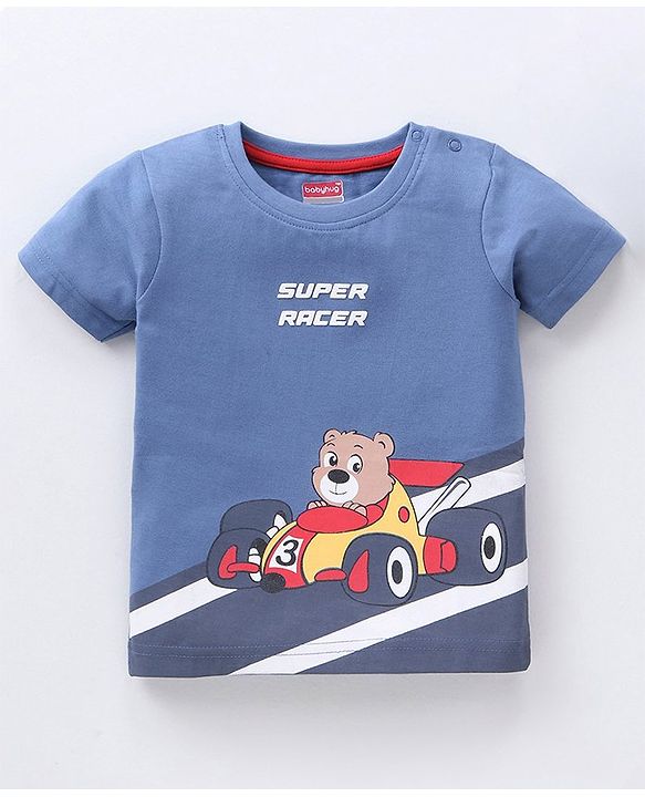 Babyhug Half Sleeves T-Shirt Racing Bear Print - Blue