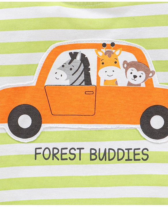 Babyhug Cotton Half Sleeves Striped T-Shirt Car Applique - Light Green