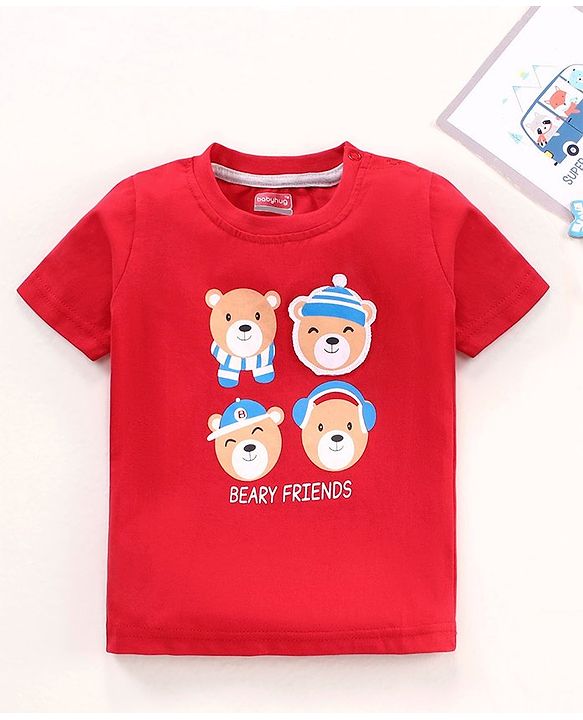 Babyhug Half Sleeves Cotton Jersey Knit Tee Bear Print- Red