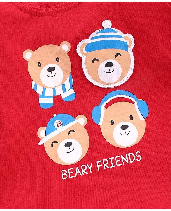 Babyhug Half Sleeves Cotton Jersey Knit Tee Bear Print- Red