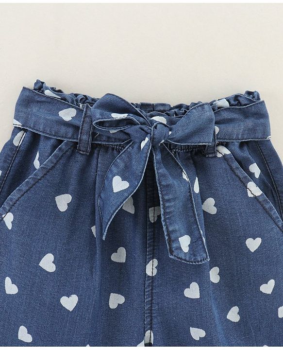 Babyhug Culottes With Fabric Belt Heart Print - Dark Blue