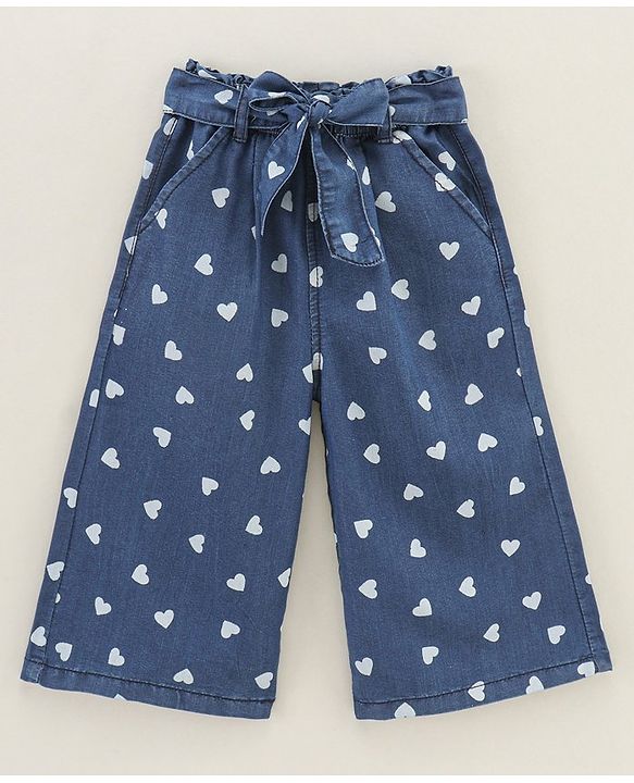 Babyhug Culottes With Fabric Belt Heart Print - Dark Blue