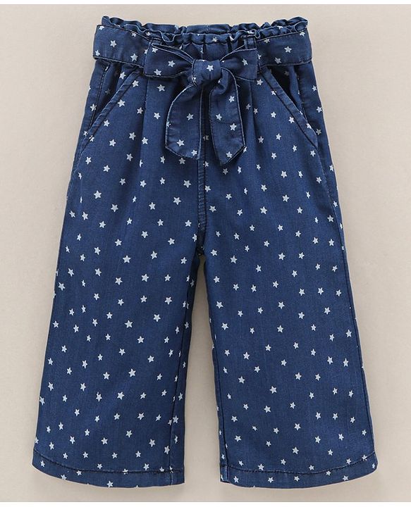 Babyhug Culottes With Fabric Belt Stars Print - Dark Blue