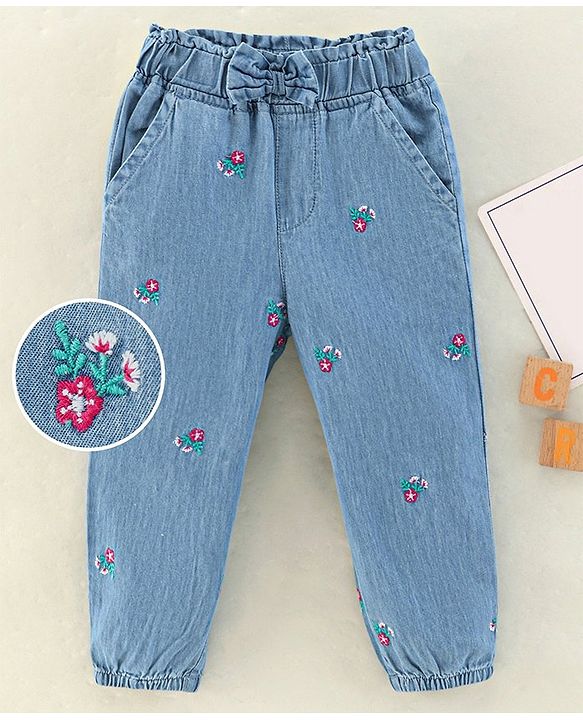Babyhug Denim Full Length Jeans Floral Embroidered  - Blue