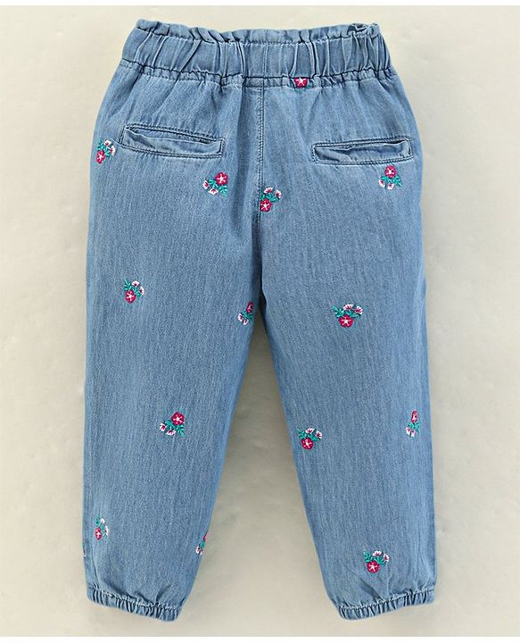 Babyhug Denim Full Length Jeans Floral Embroidered  - Blue