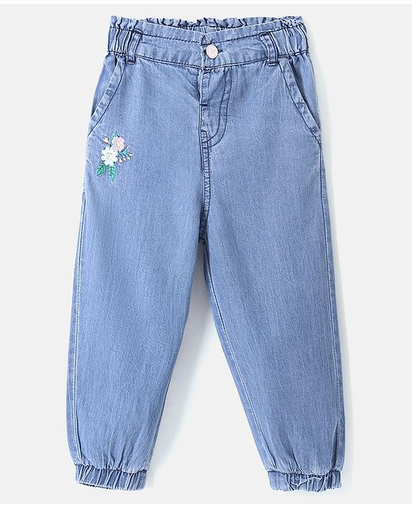 Babyhug Cotton Denim Full Length Washed Jeans Floral Embroidered - Blue