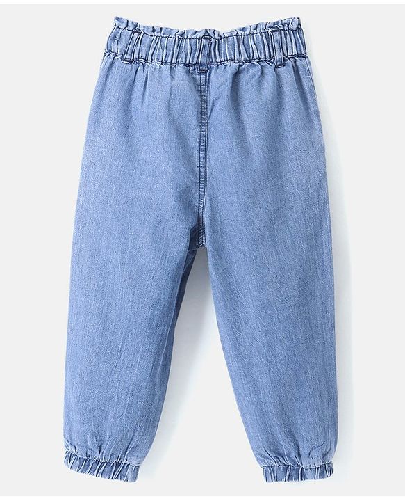 Babyhug Cotton Denim Full Length Washed Jeans Floral Embroidered - Blue