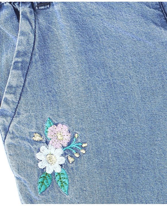 Babyhug Cotton Denim Full Length Washed Jeans Floral Embroidered - Blue