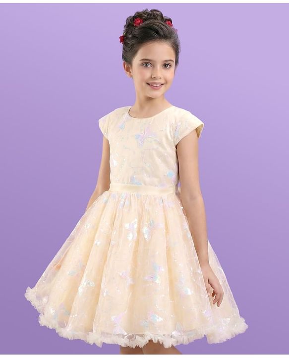 Pine Kids Short Sleeves Sequined Embroidery Party Wear Dress - Ivory