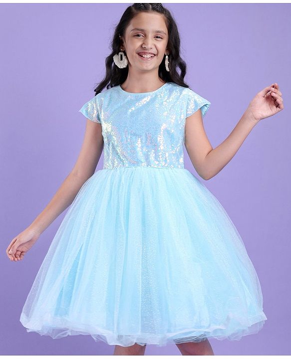 Pine Kids Sleeveless Sequined Party Wear Dress- Light Blue