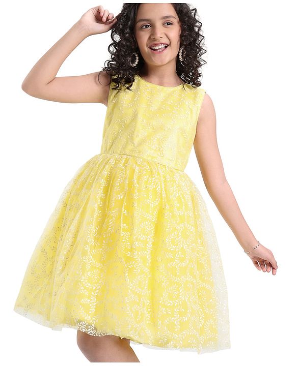 Pine Kids Sleeveless Glittered Party Wear Dress- Yellow