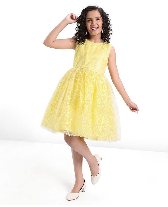 Pine Kids Sleeveless Glittered Party Wear Dress- Yellow