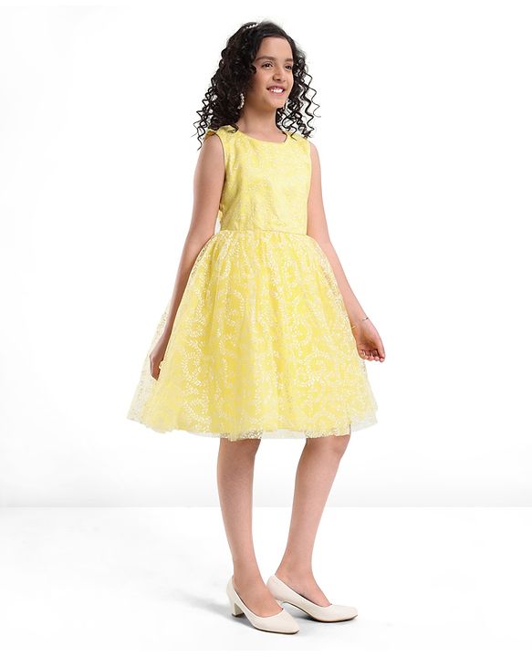 Pine Kids Sleeveless Glittered Party Wear Dress- Yellow