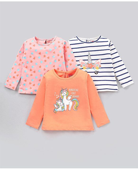 Babyhug Cotton Jersey Knit Full Sleeves Striped T-Shirts Heart & Unicorn Print Pack of 3 - Pink Peach Navy White