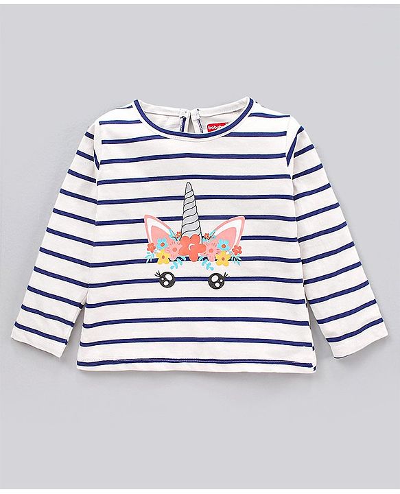Babyhug Cotton Jersey Knit Full Sleeves Striped T-Shirts Heart & Unicorn Print Pack of 3 - Pink Peach Navy White