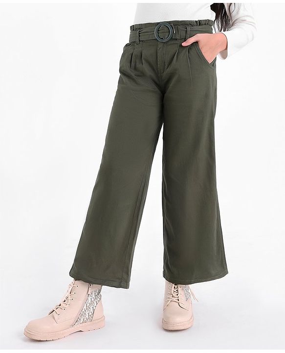 Pine Kids Full Length Solid Trousers with Frill Waistband and Belt - Olive Green