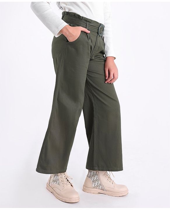 Pine Kids Full Length Solid Trousers with Frill Waistband and Belt - Olive Green