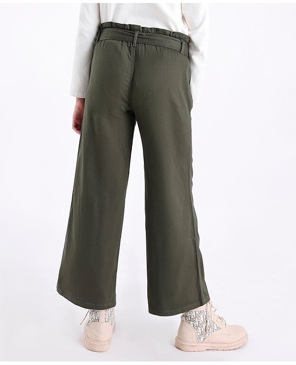 Pine Kids Full Length Solid Trousers with Frill Waistband and Belt - Olive Green