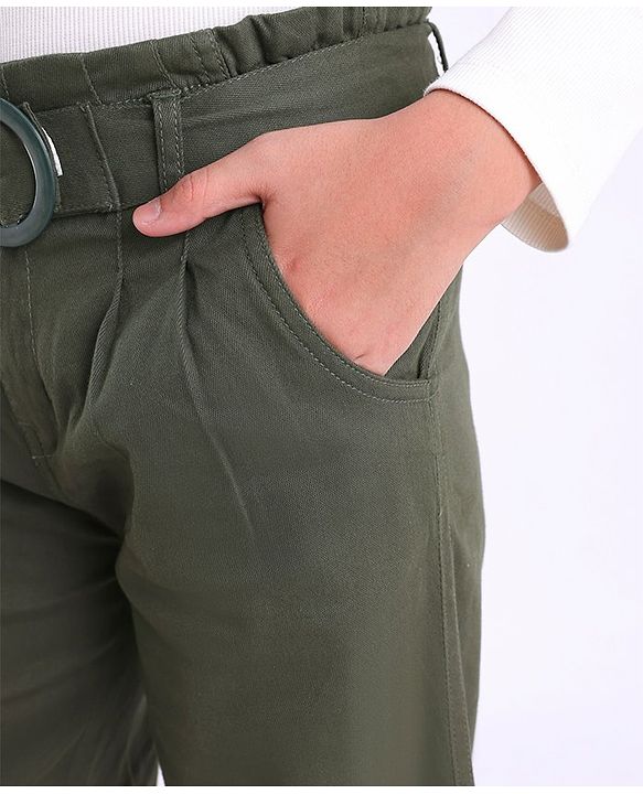 Pine Kids Full Length Solid Trousers with Frill Waistband and Belt - Olive Green