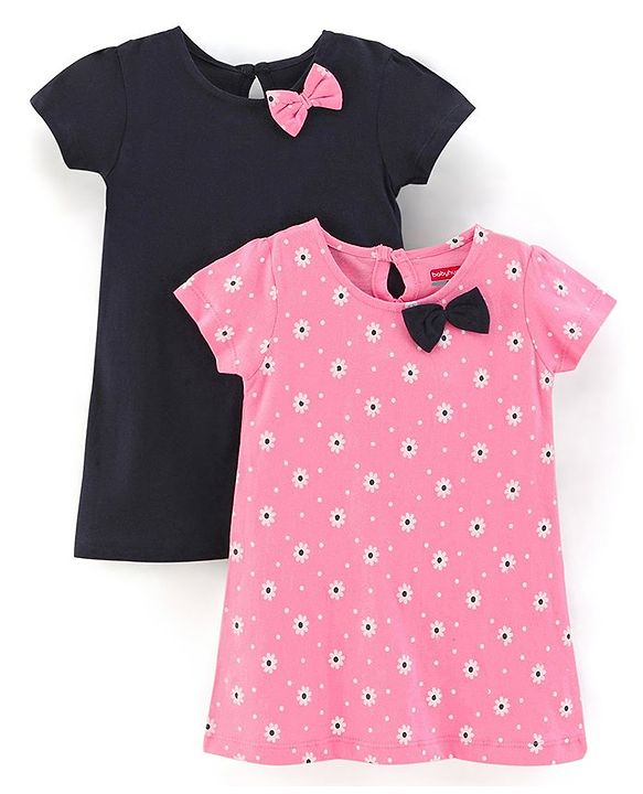 Babyhug 100% Cotton Knit Half Sleeves Solid Color Frock With Bow Applique And Floral Print Pack Of 2 - Navy Blue & Pink