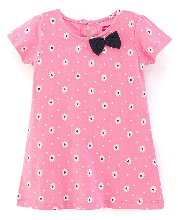 Babyhug 100% Cotton Knit Half Sleeves Solid Color Frock With Bow Applique And Floral Print Pack Of 2 - Navy Blue & Pink