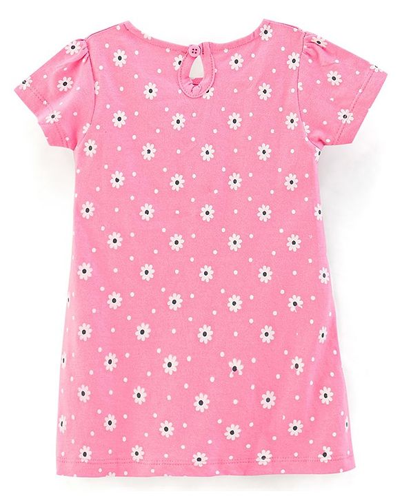 Babyhug 100% Cotton Knit Half Sleeves Solid Color Frock With Bow Applique And Floral Print Pack Of 2 - Navy Blue & Pink