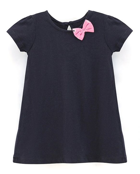 Babyhug 100% Cotton Knit Half Sleeves Solid Color Frock With Bow Applique And Floral Print Pack Of 2 - Navy Blue & Pink